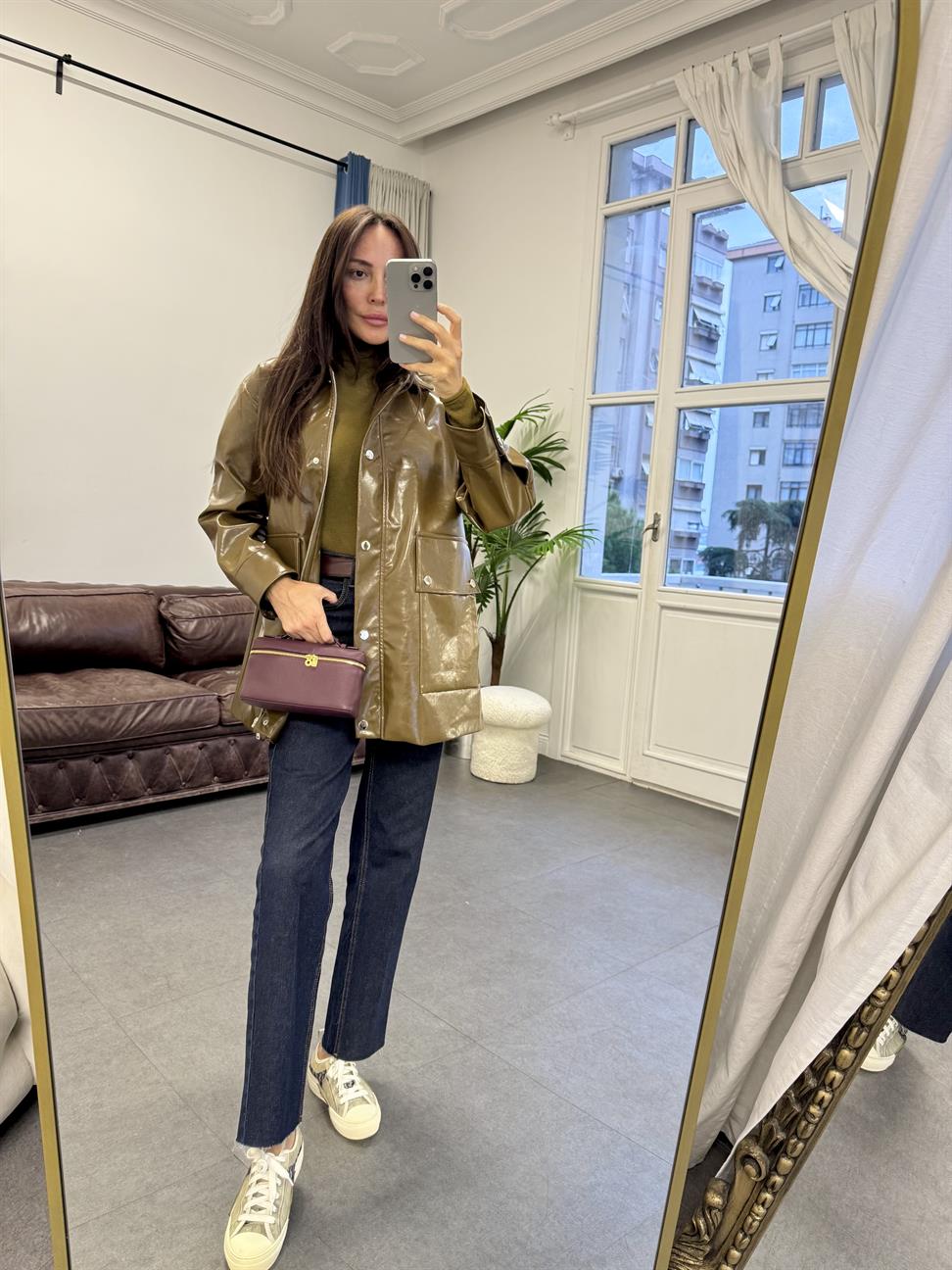 Yağ Yeşili Parlak 2 Cepli Deri Ceket