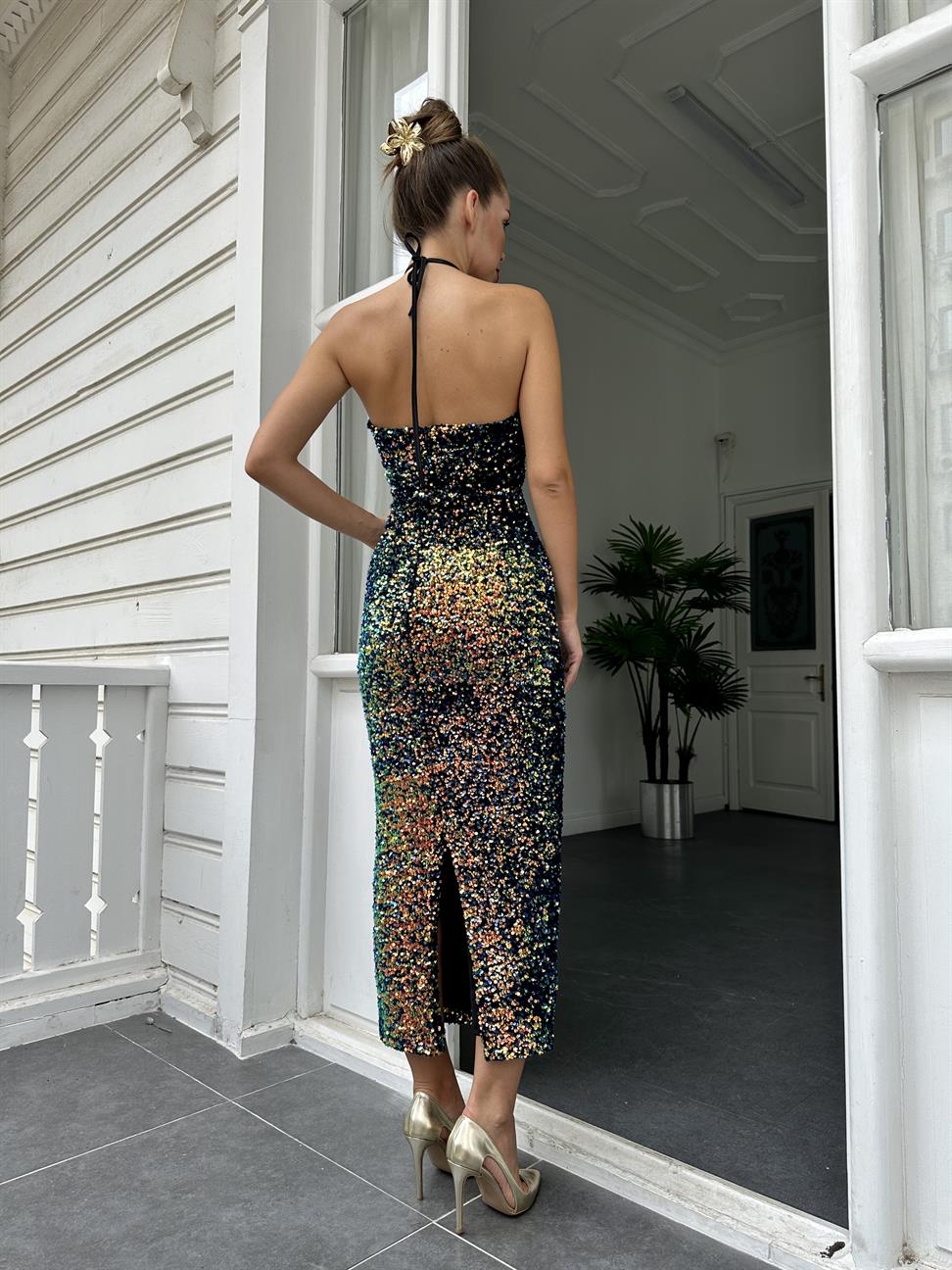 Yeşil Bağcıklı Pul Elbise