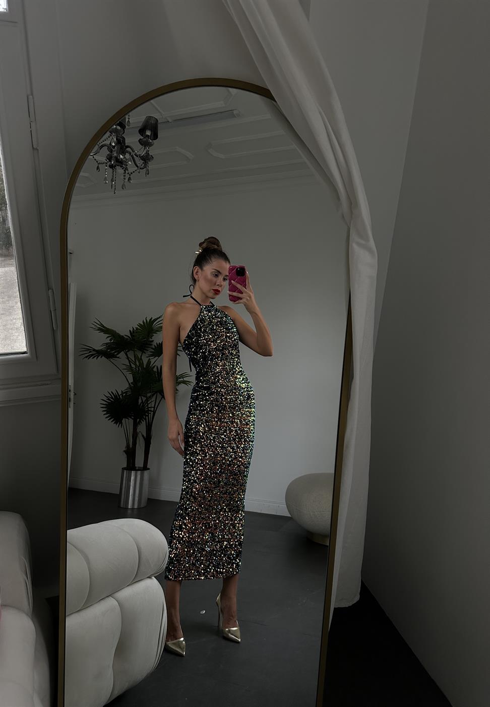 Yeşil Bağcıklı Pul Elbise