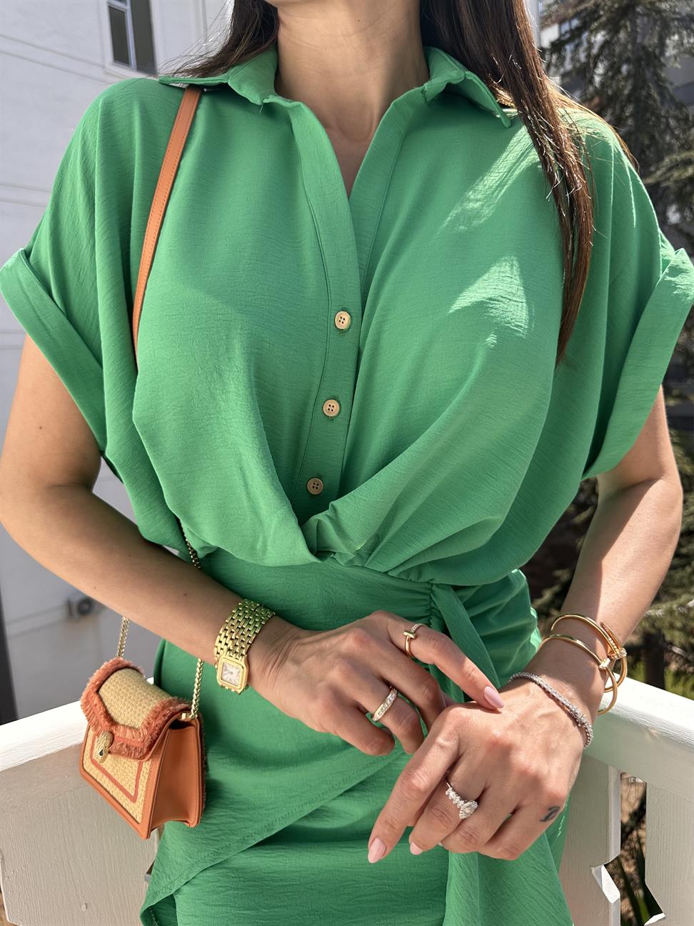 Yeşil Bağlama Detay Elbise