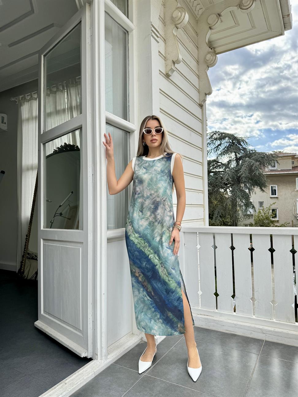 Yeşil Batik Desen Elbise