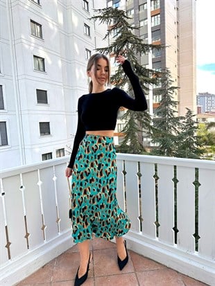 Yeşil Büyük Leopar Desen Saten Etek