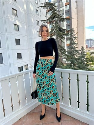 Yeşil Büyük Leopar Desen Saten Etek