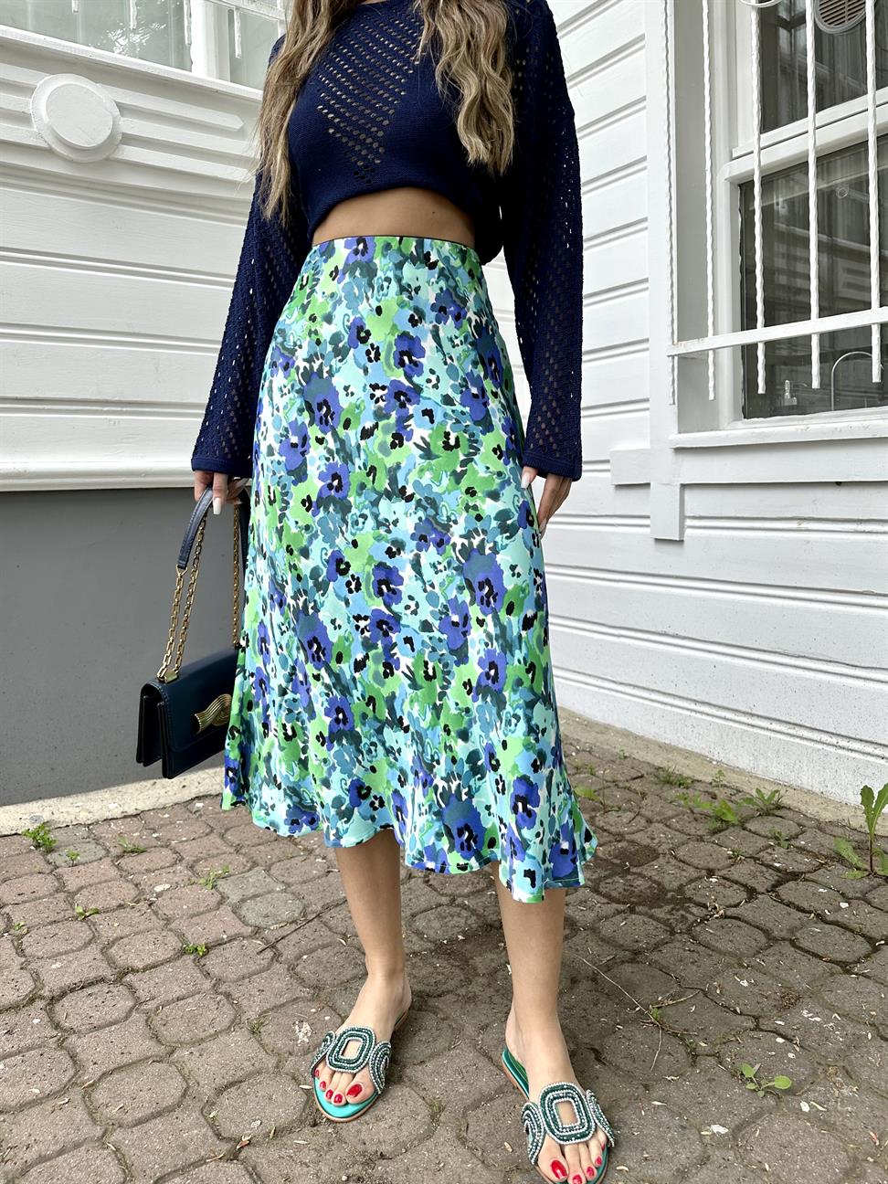 Yeşil Çiçek Desen Saten Etek