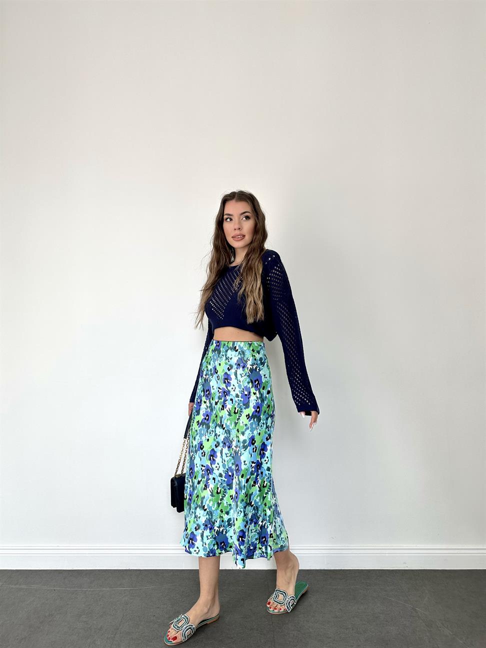 Yeşil Çiçek Desen Saten Etek