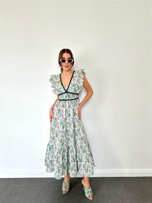 Yeşil Derin V Yaka Çiçekli Uzun Elbise