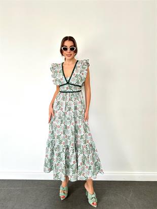 Yeşil Derin V Yaka Çiçekli Uzun Elbise