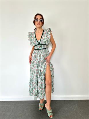 Yeşil Derin V Yaka Çiçekli Uzun Elbise