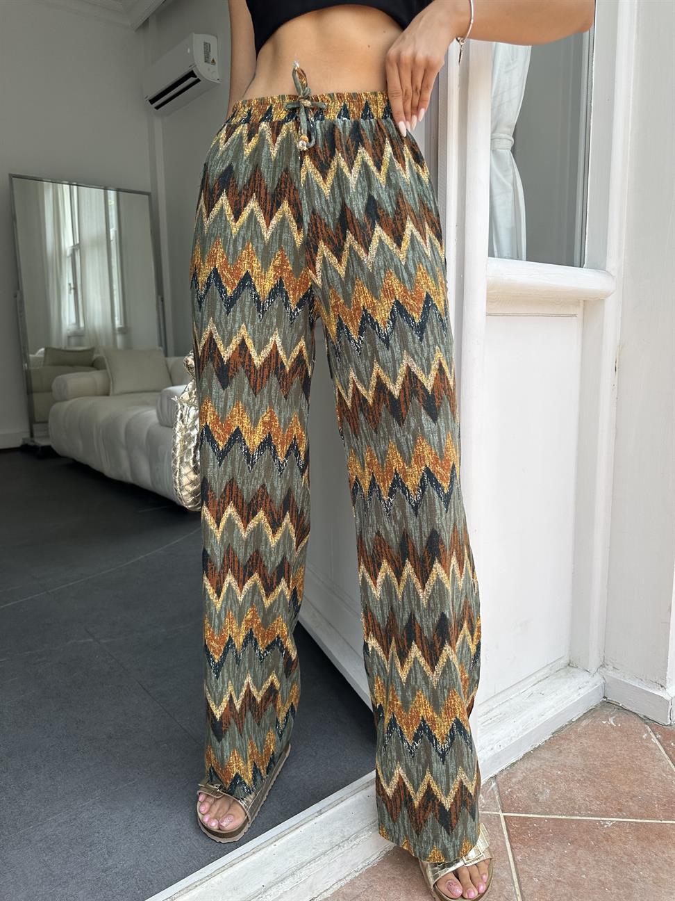 Yeşil Desenli Keten Pantolon