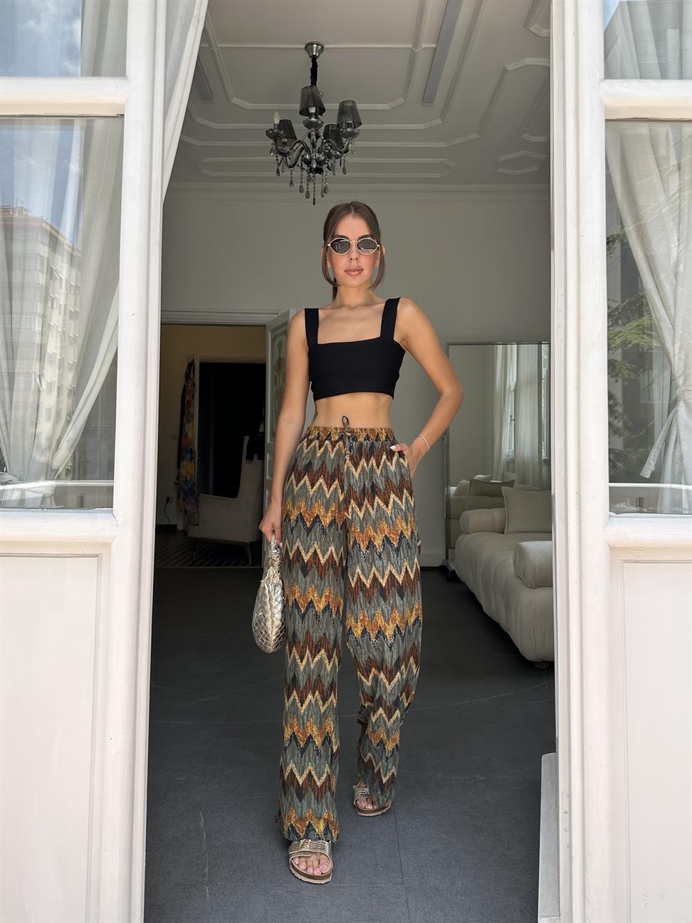 Yeşil Desenli Keten Pantolon