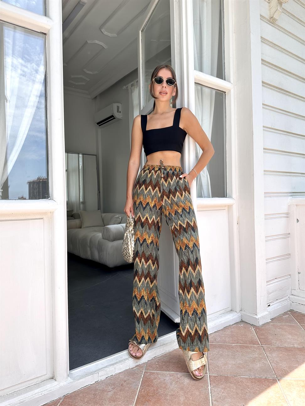 Yeşil Desenli Keten Pantolon