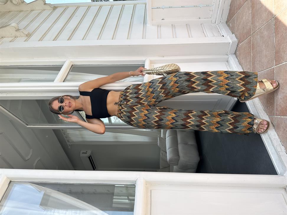 Yeşil Desenli Keten Pantolon