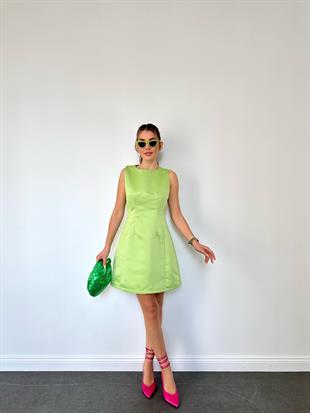 Yeşil Kolsuz Saten Elbise