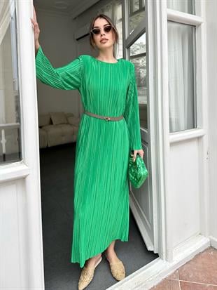 Yeşil Pilise Midi Boy Kadın Elbise