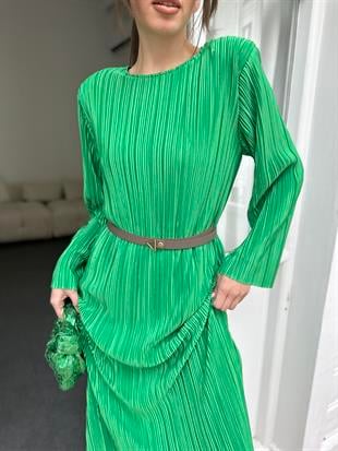 Yeşil Pilise Midi Boy Kadın Elbise