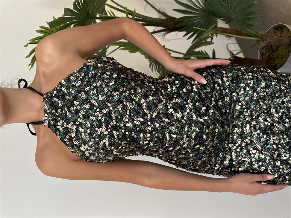 Yeşil-Siyah Payetli Boyundan Bağlamalı Elbise