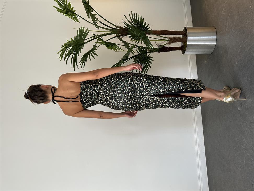 Yeşil-Siyah Payetli Boyundan Bağlamalı Elbise