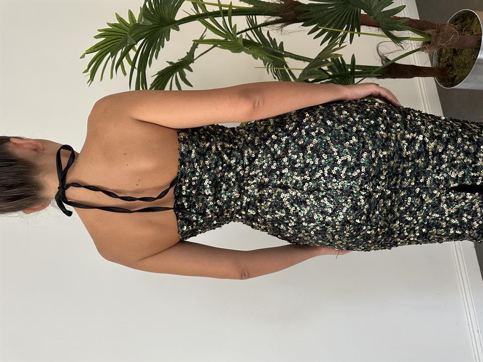 Yeşil-Siyah Payetli Boyundan Bağlamalı Elbise