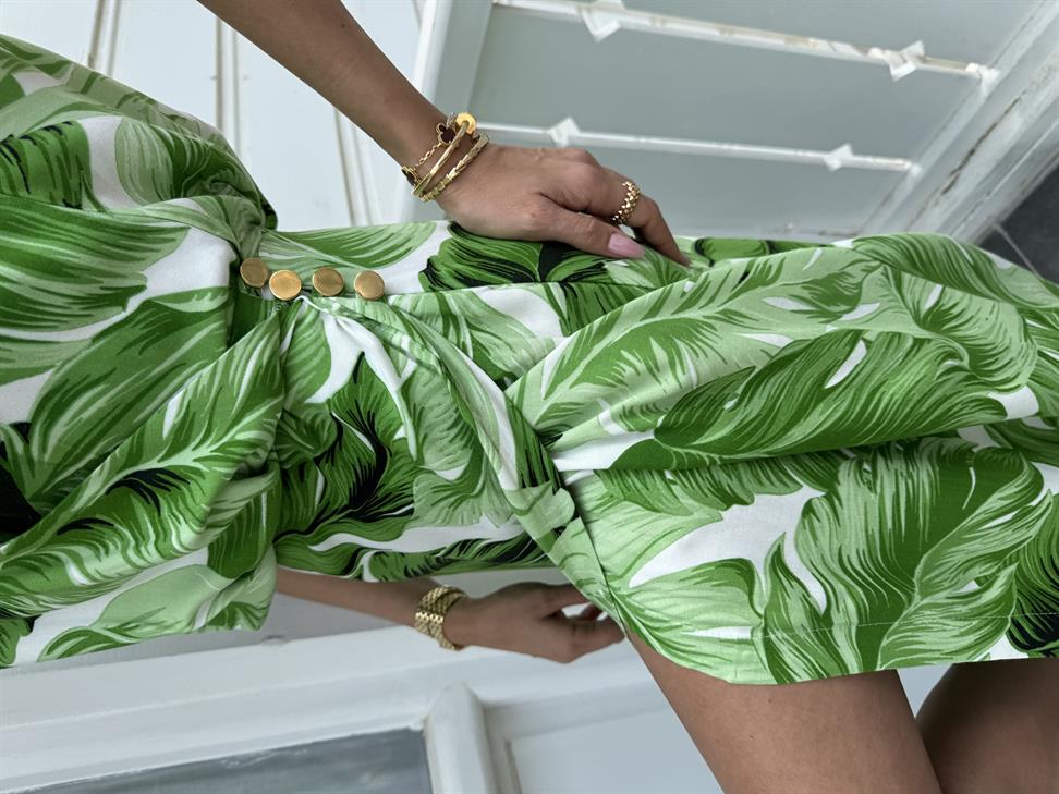 Yeşil Yaprak Desenli Kruvaze Elbise