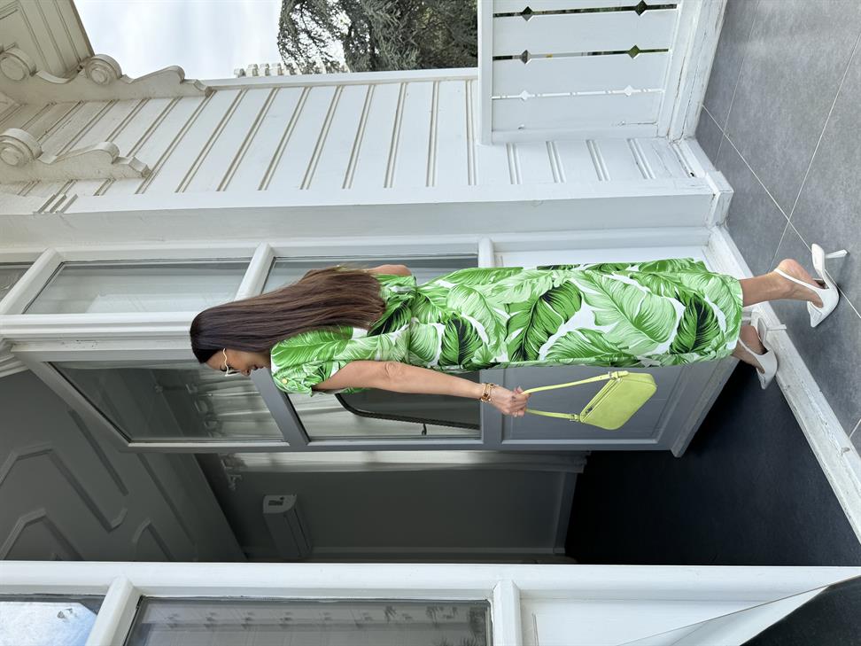 Yeşil Yaprak Desenli Kruvaze Elbise