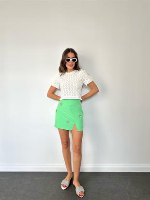 Yeşil Yırtmaç Detaylı Taşlı Etek