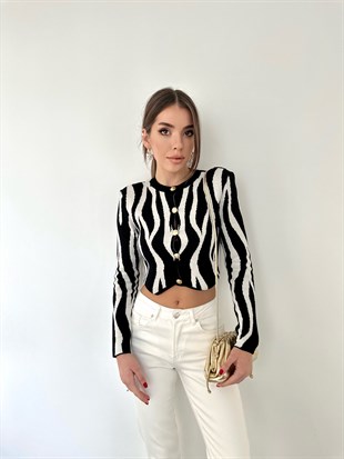 Zebra Desen Vatkalı Kısa Hırka Siyah