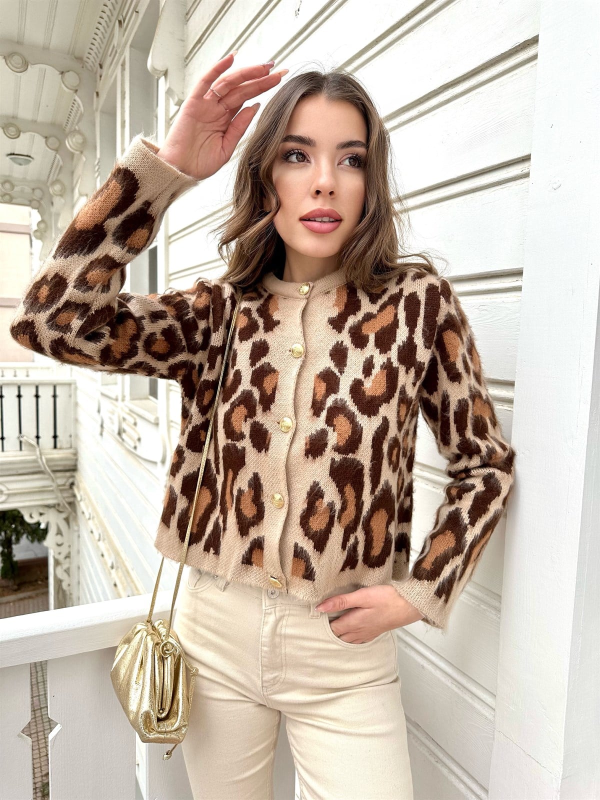 Kısa Leopar Şardonlu Hırka Camel-Acı Kahve
