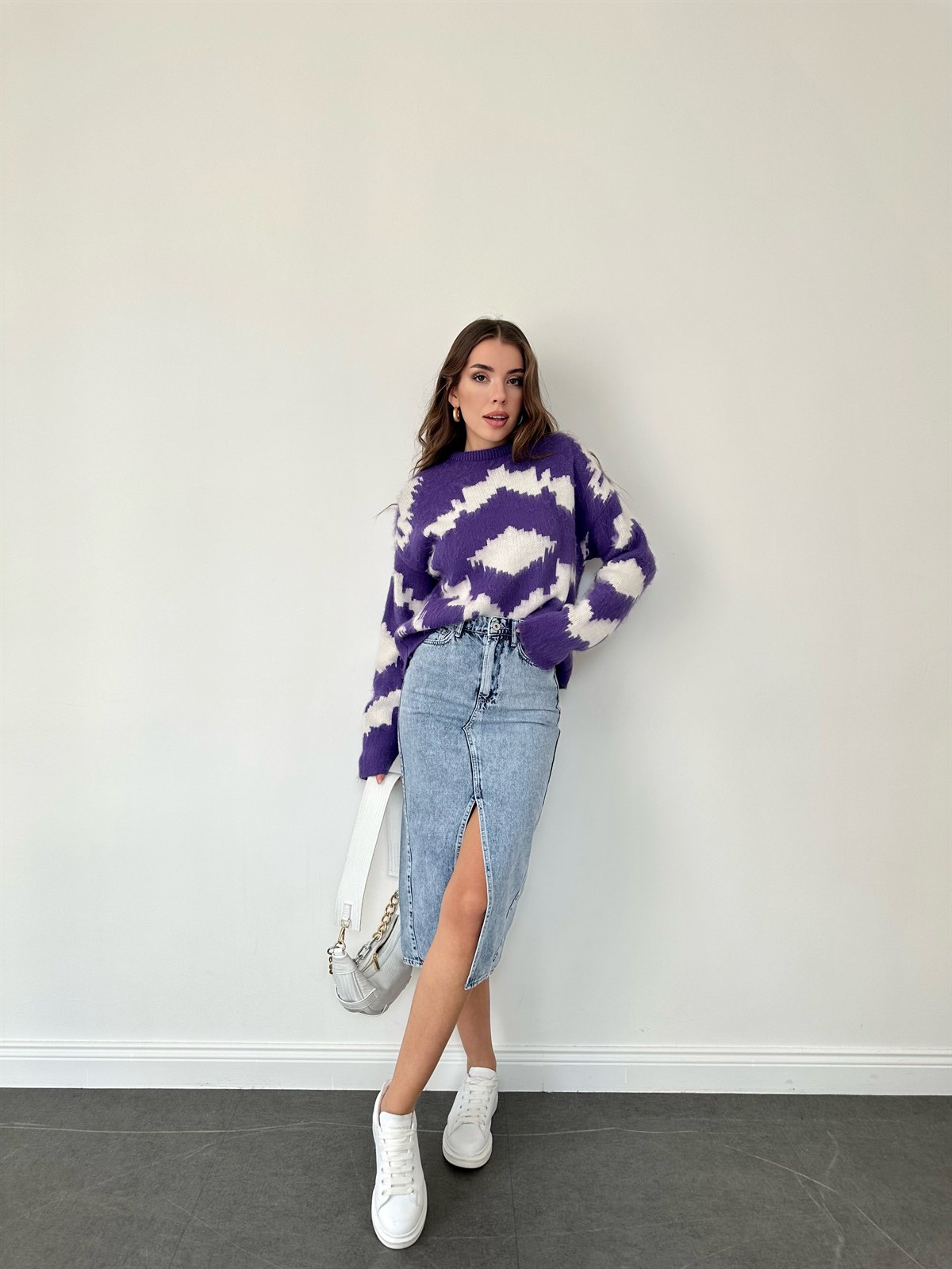 Parçalı Jean Etek Mavi