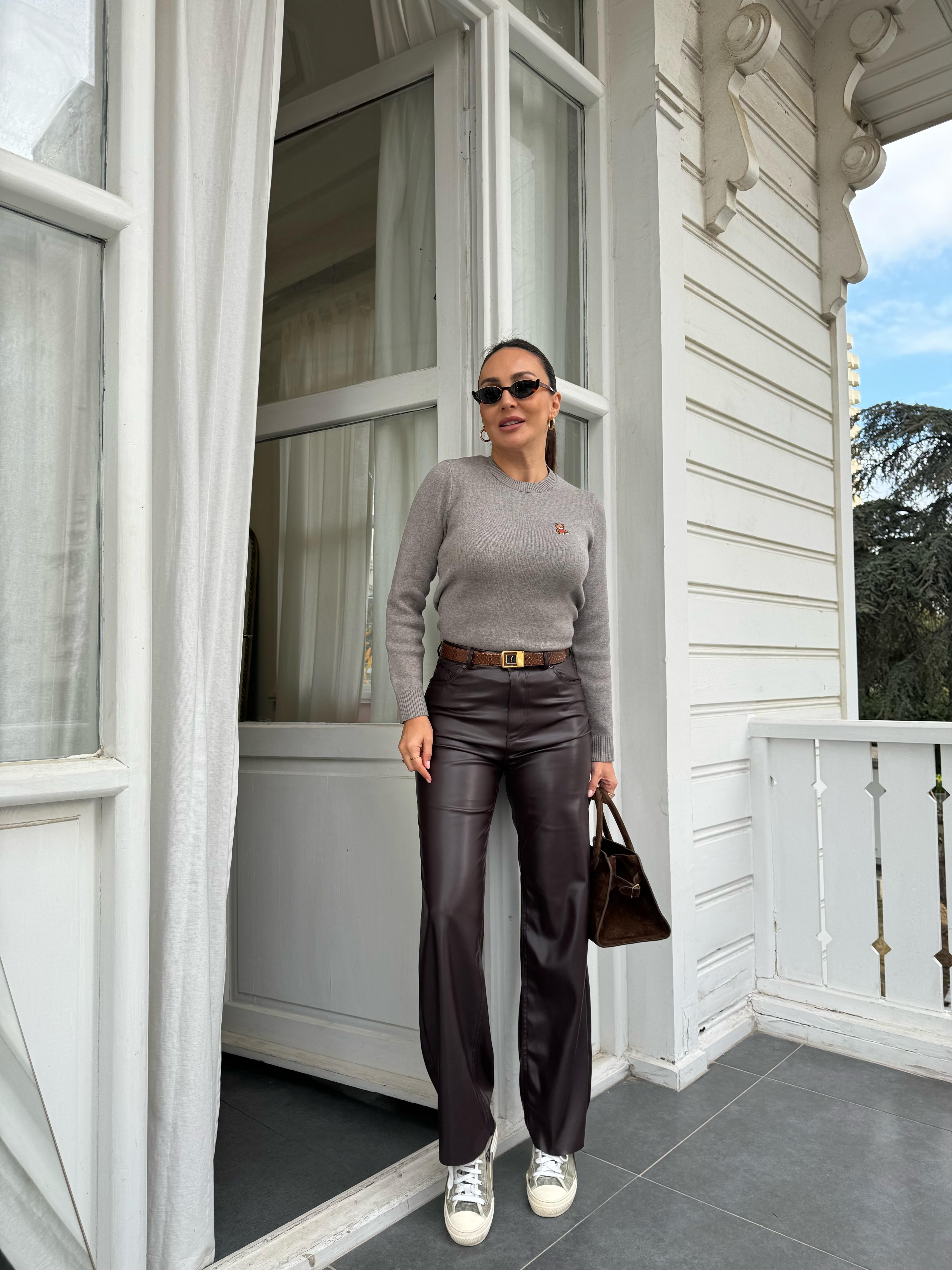 Acı Kahve Bol Paça Deri Pantolon