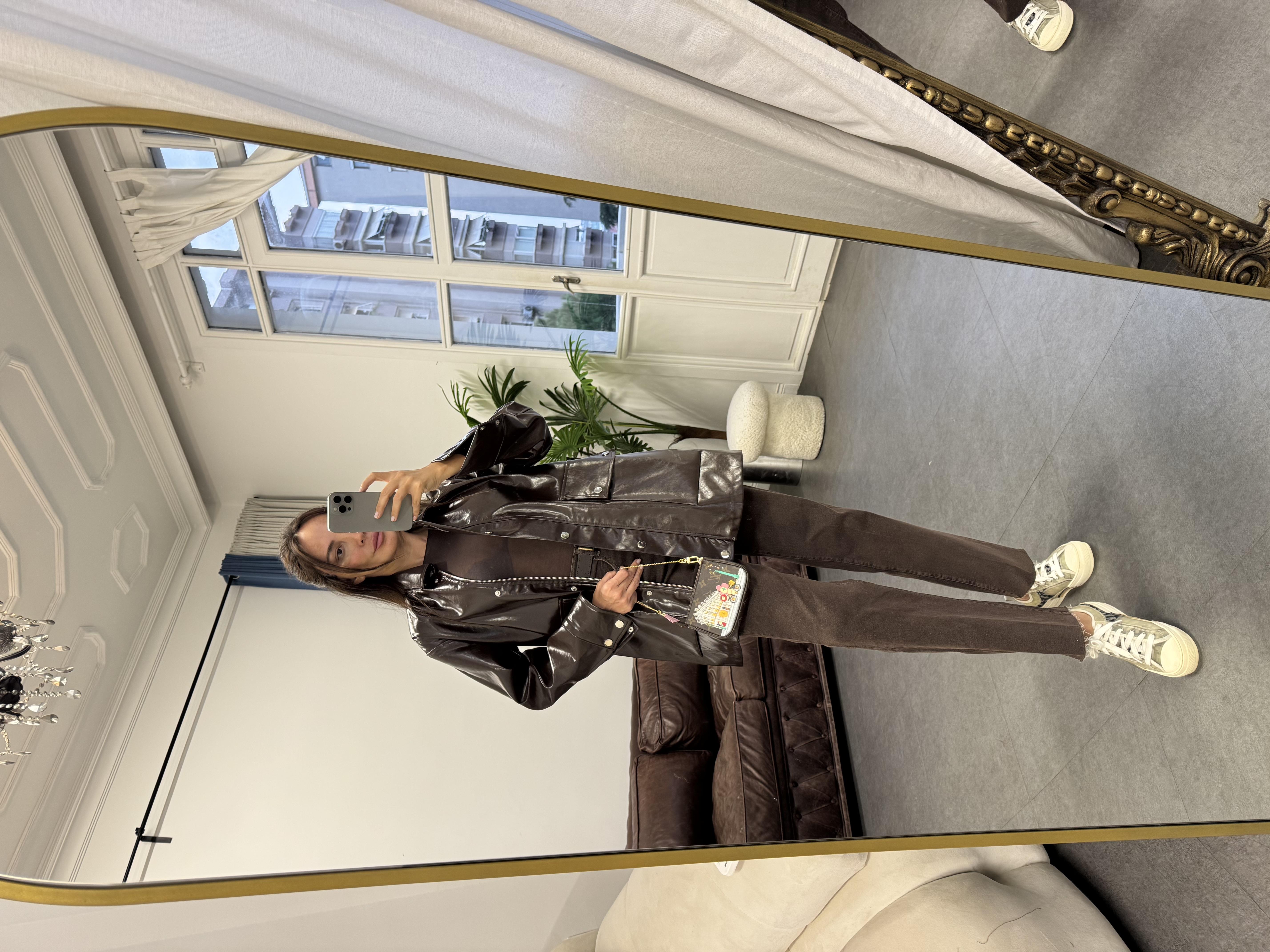 Acı Kahve Parlak 2 Cepli Deri Ceket