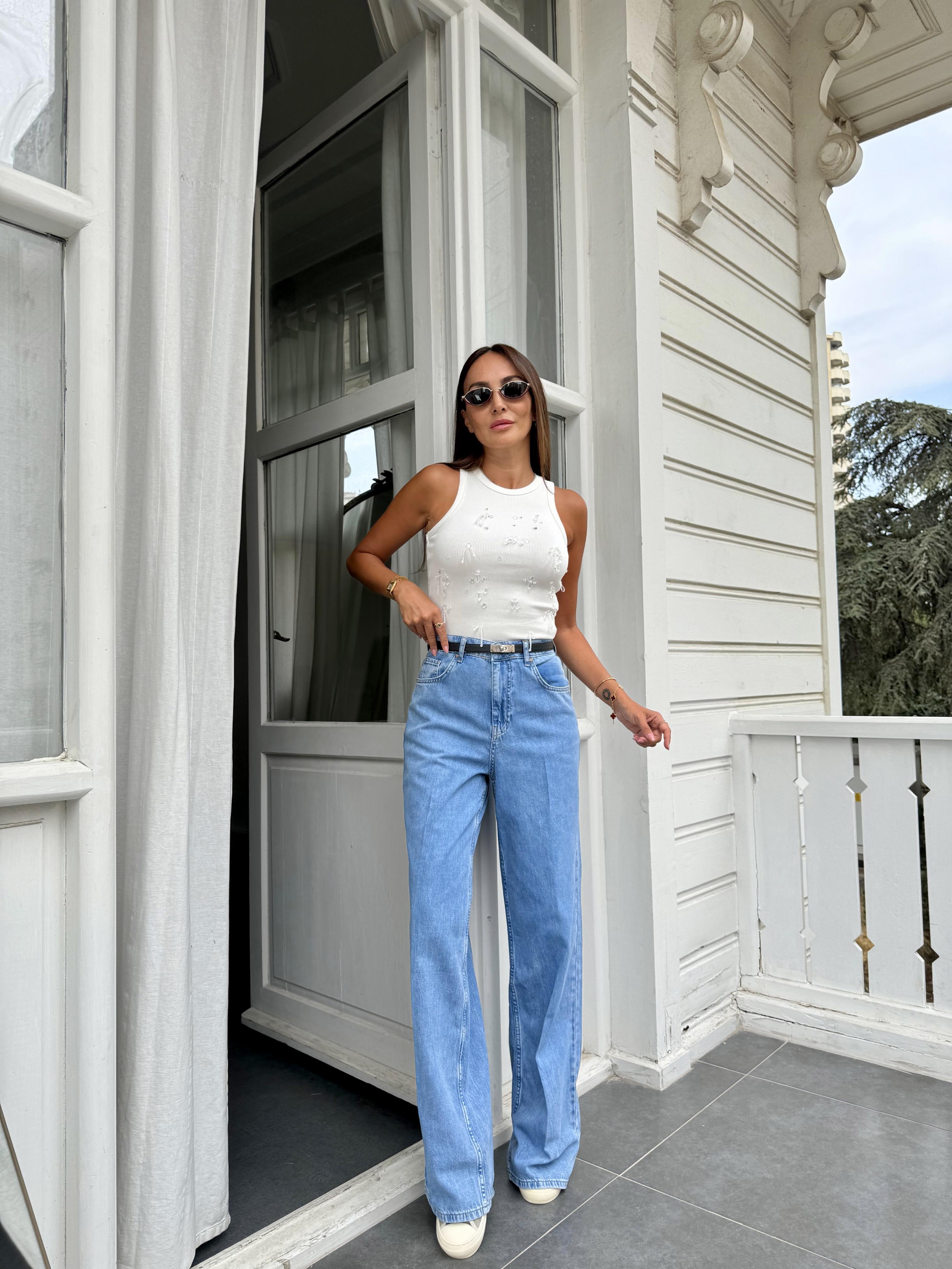 Açık Mavi Bol Paça Denim Pantolon