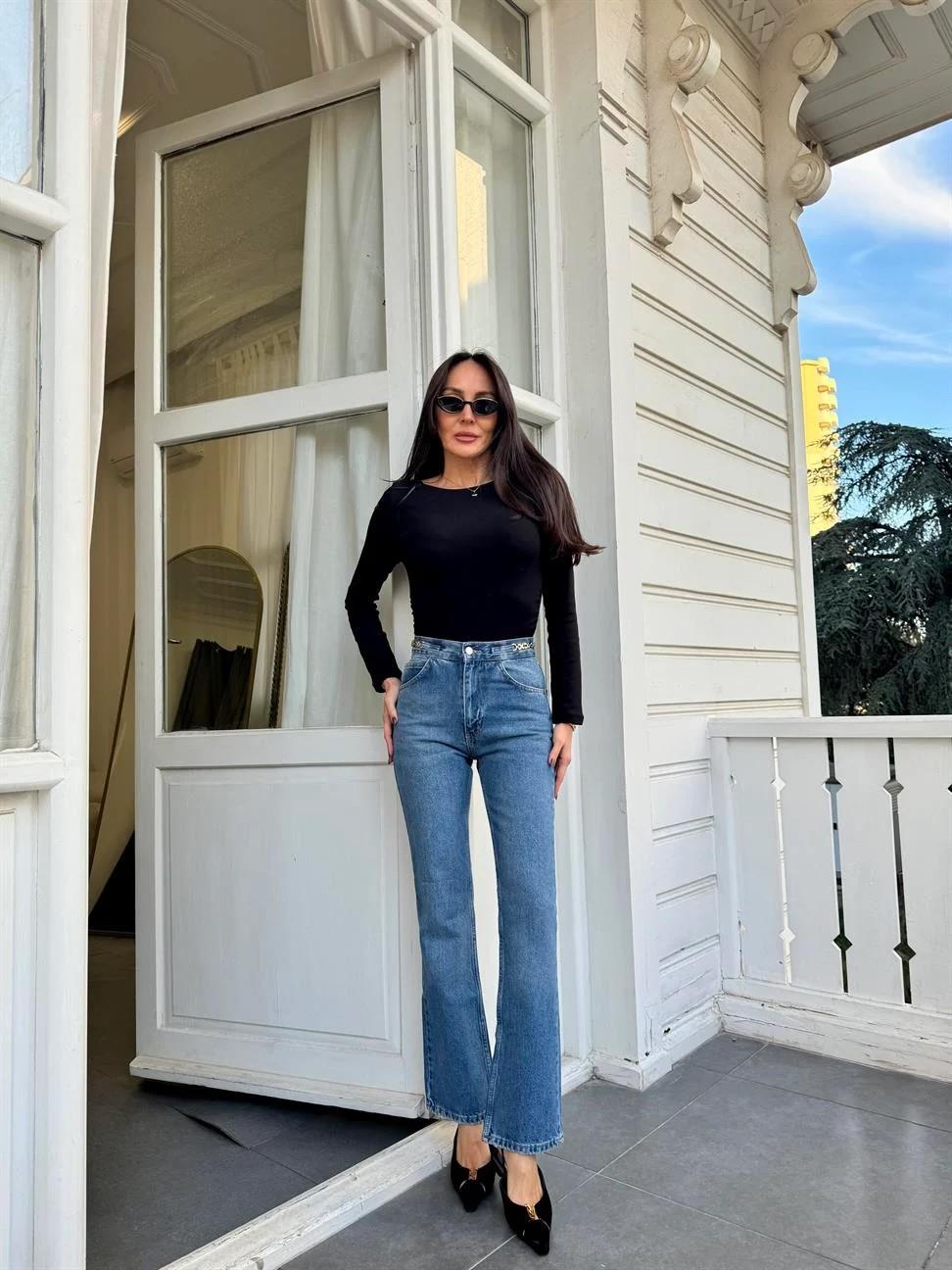 Açık Mavi Gold Detaylı Flare Denim Pantolon