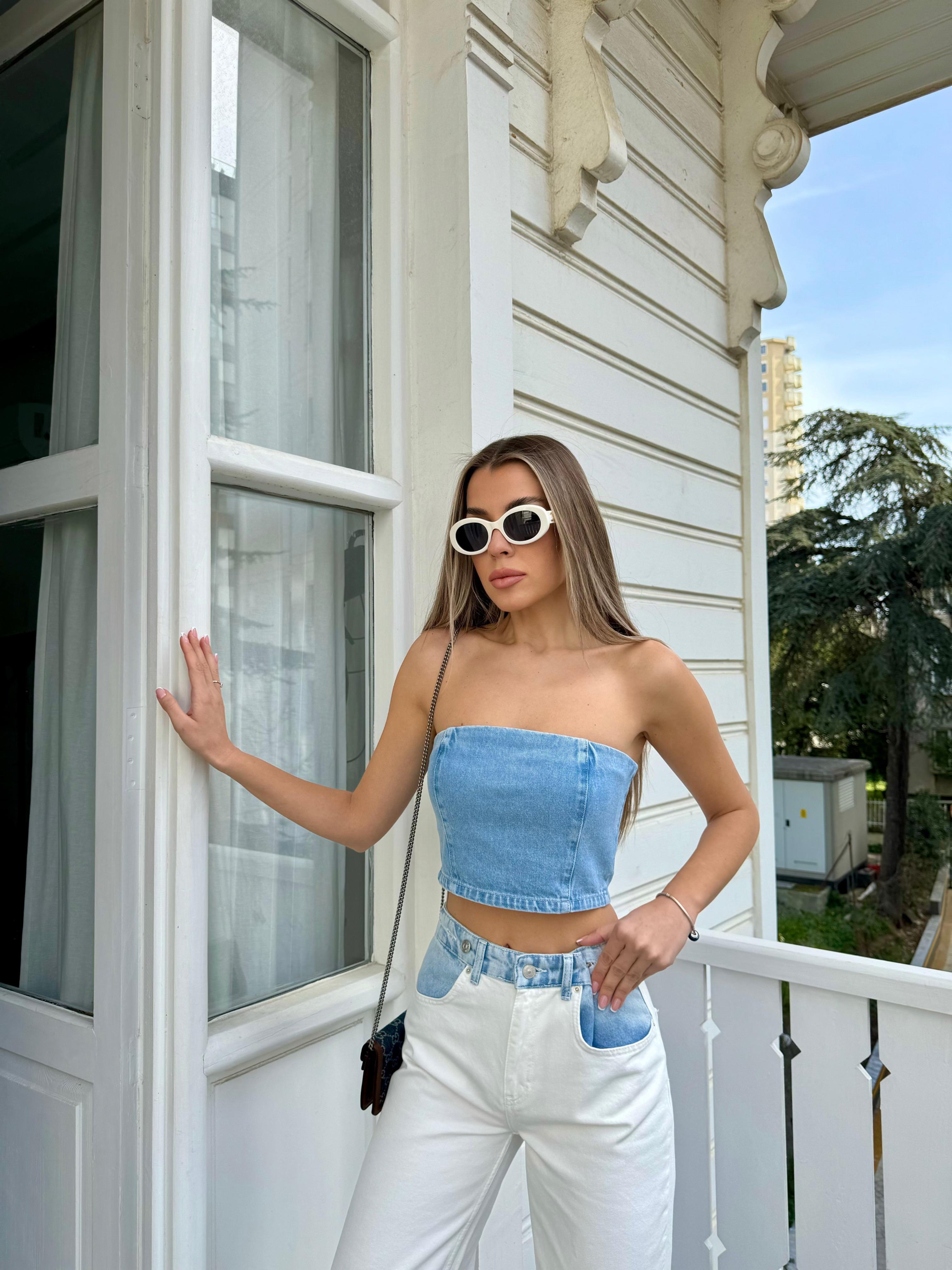 Açık Mavi Jean Straplez Büstiyer