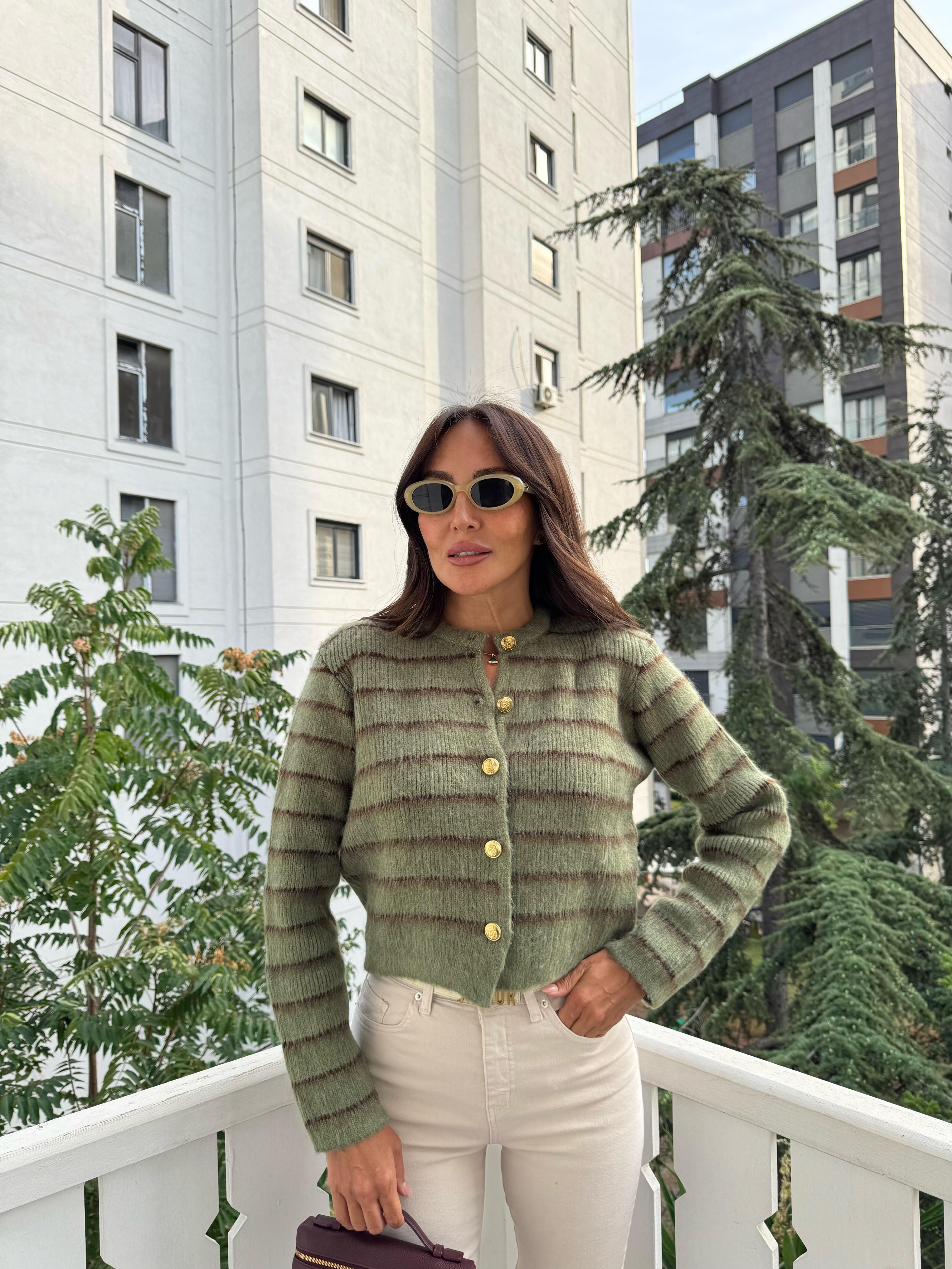 Açık Yeşil-Acı Kahve Şardonlu İnce Çizgili Hırka