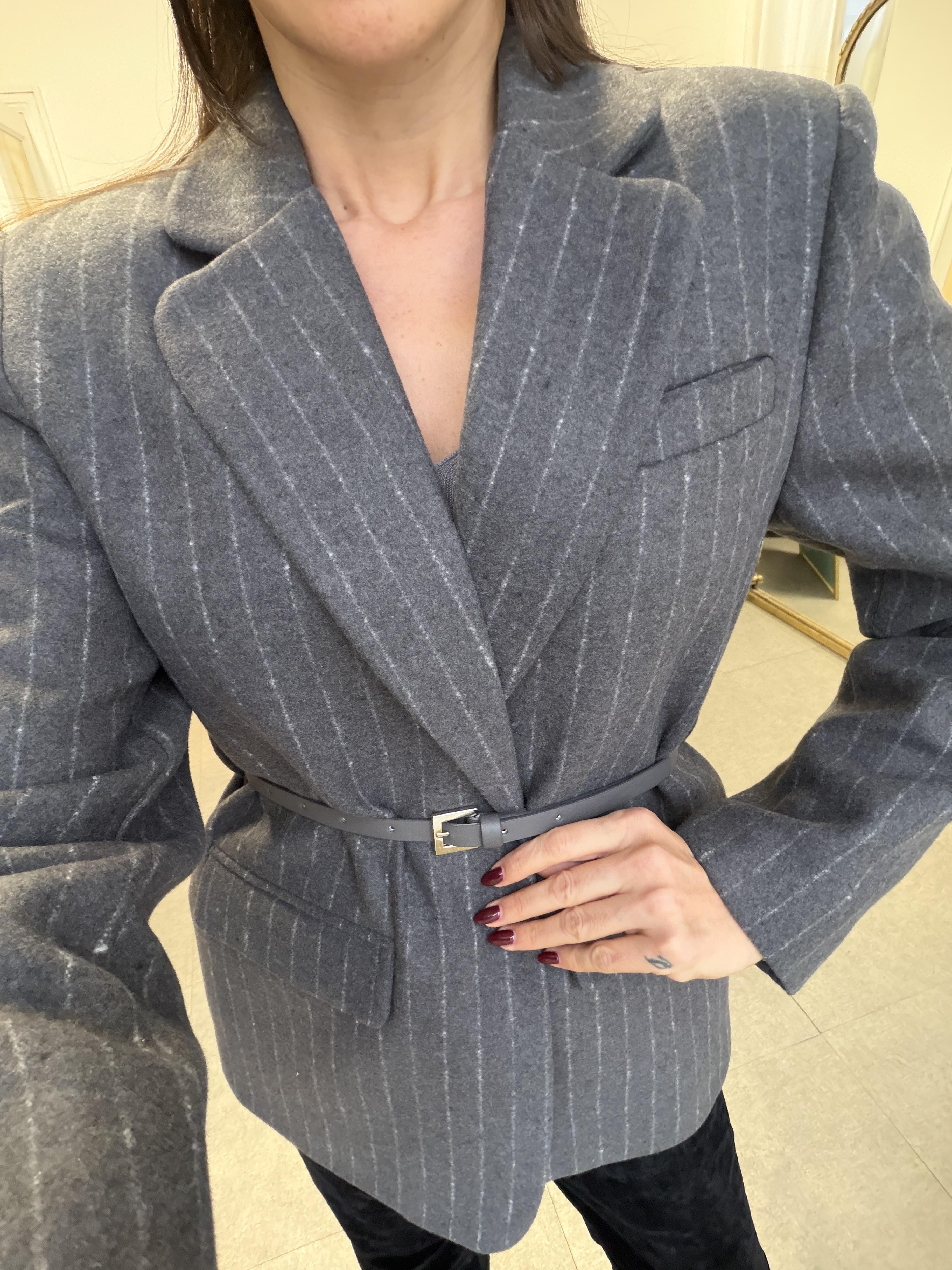 Antrasit Çizgili Kemerli Blazer Ceket