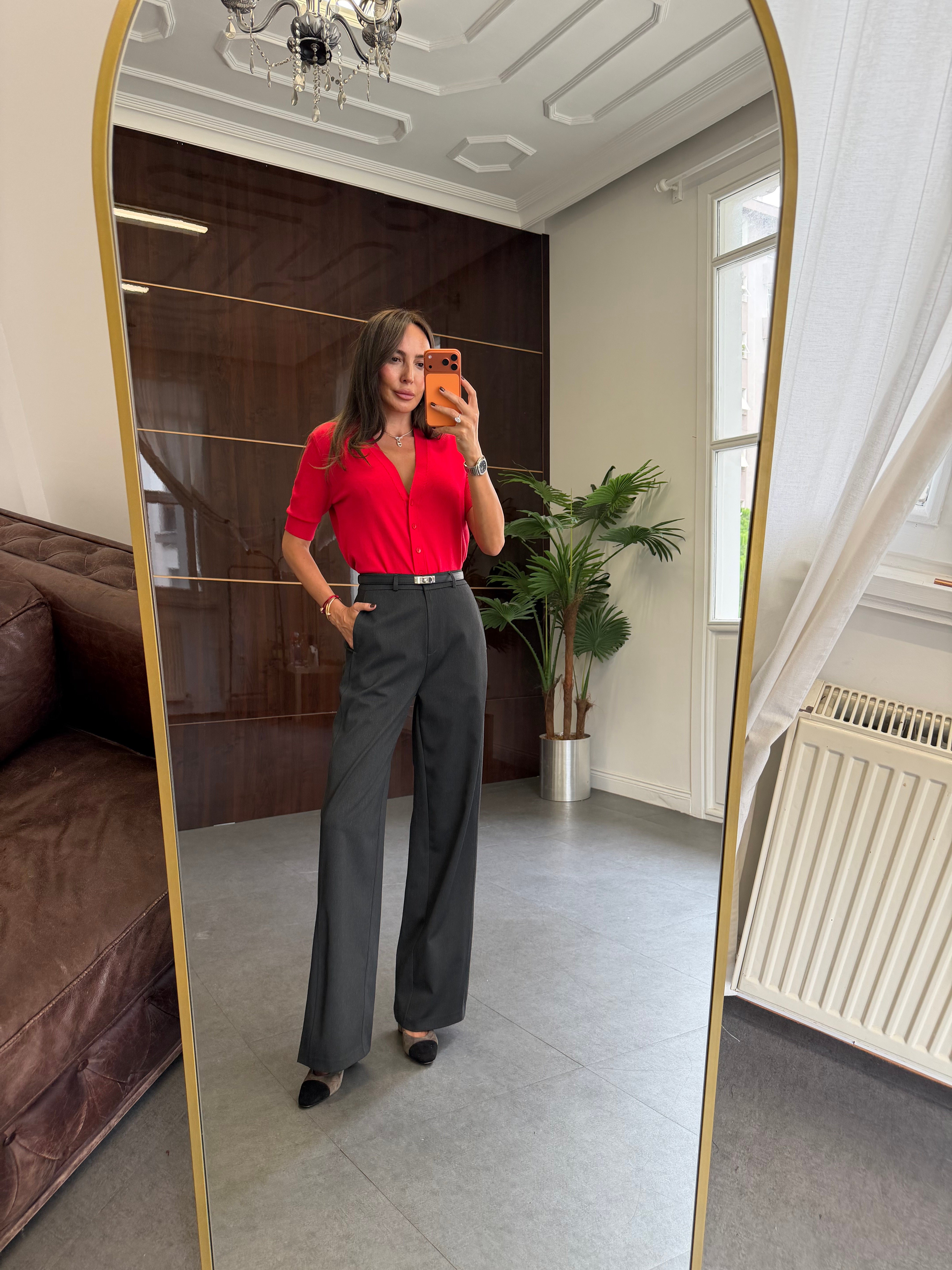 Antrasit Kancalı Wide Leg Kumaş Pantolon