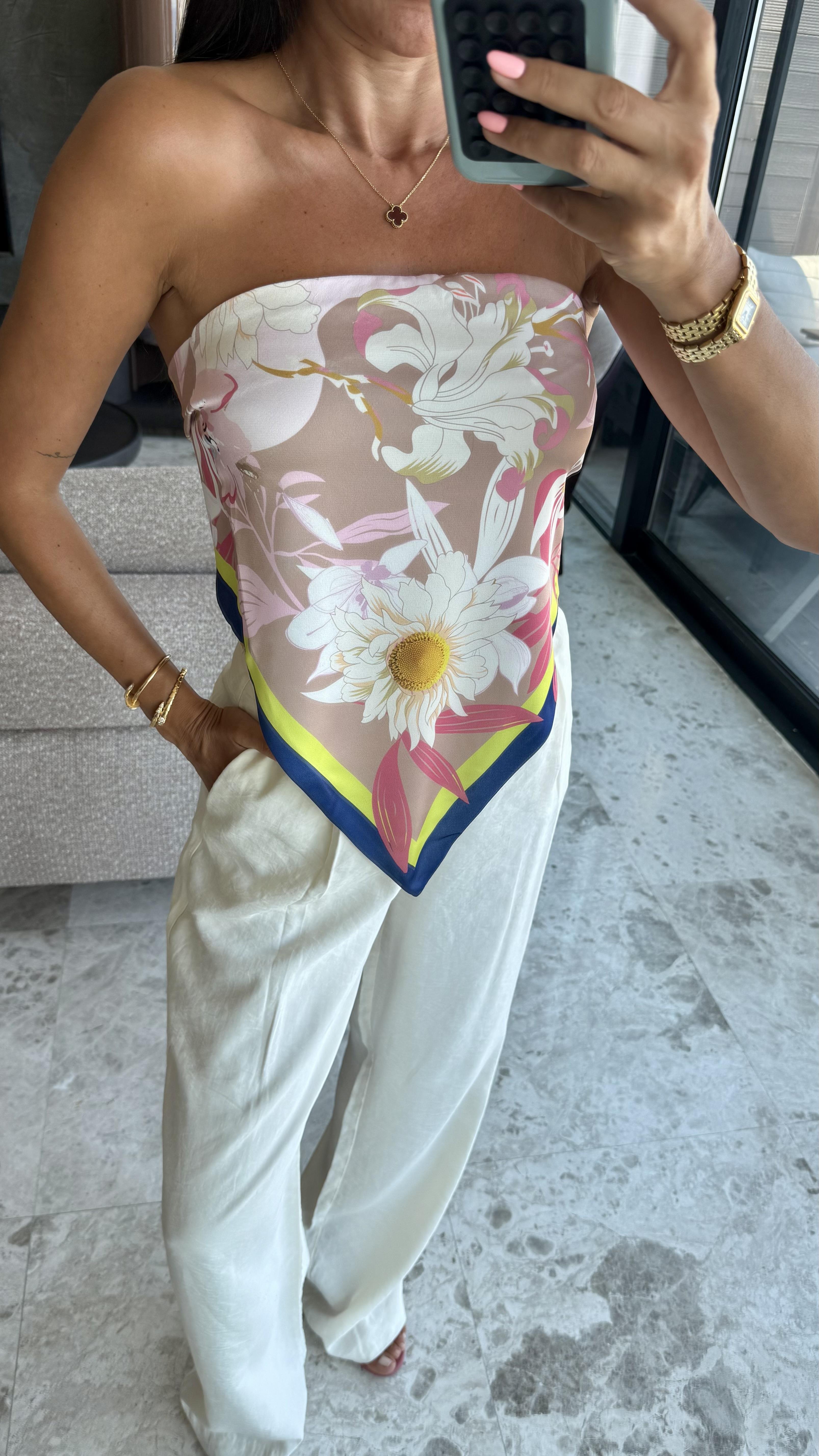 Bej Asimetrik Desenli Şal Bluz