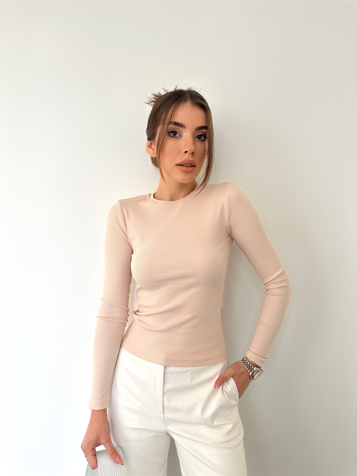 Bej  Bisiklet Yaka Bluz