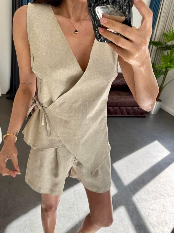 Bej Keten Bağlamalı Yelek