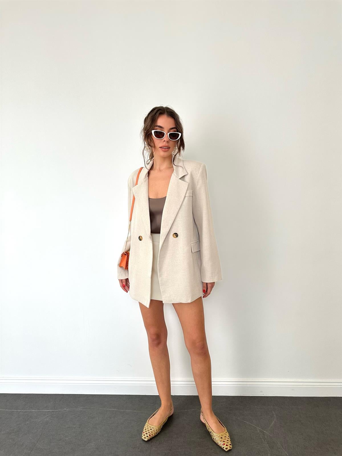 Bej  Keten Blazer Ceket