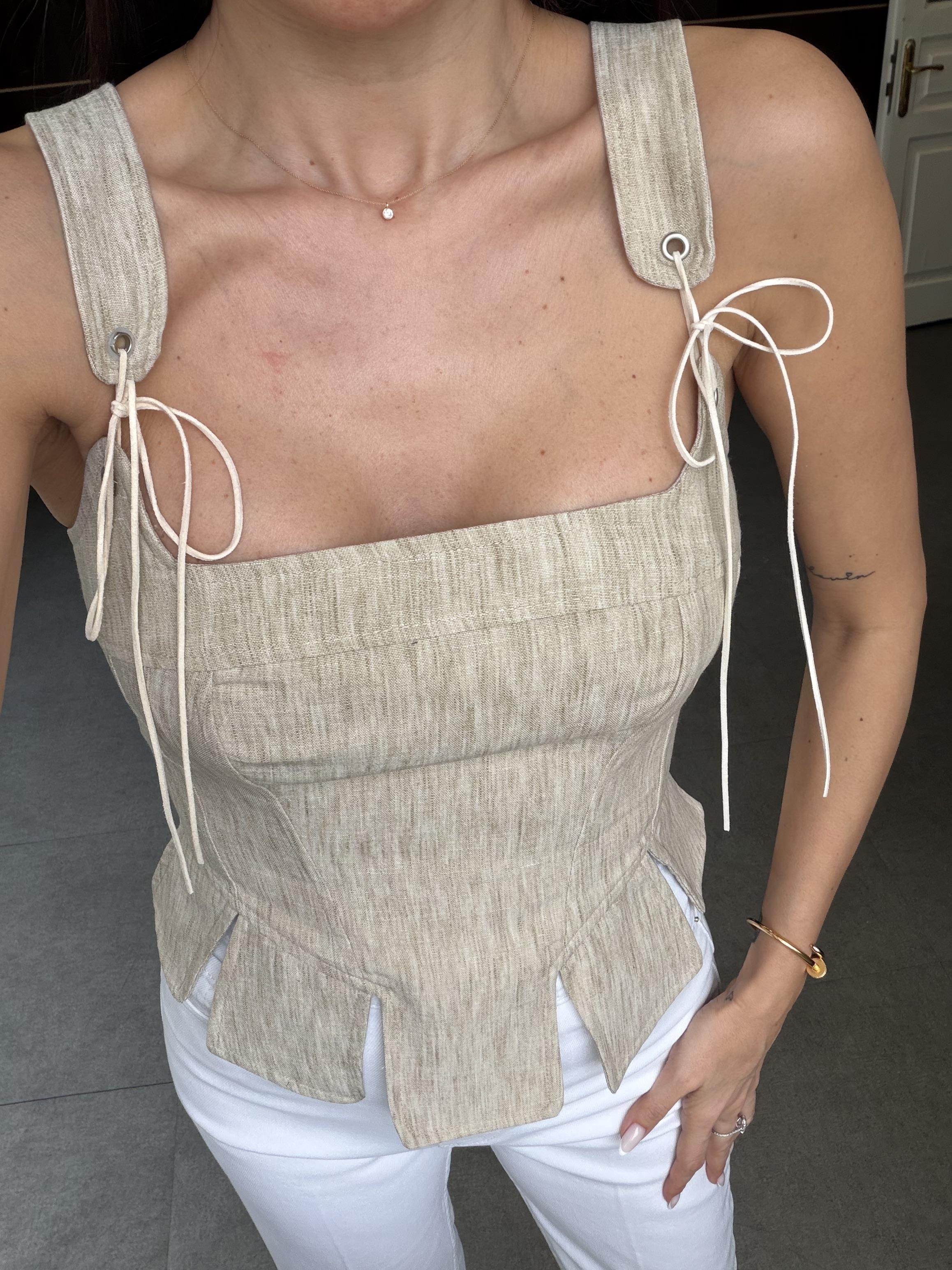 Bej Keten Görünümlü Korse Bluz