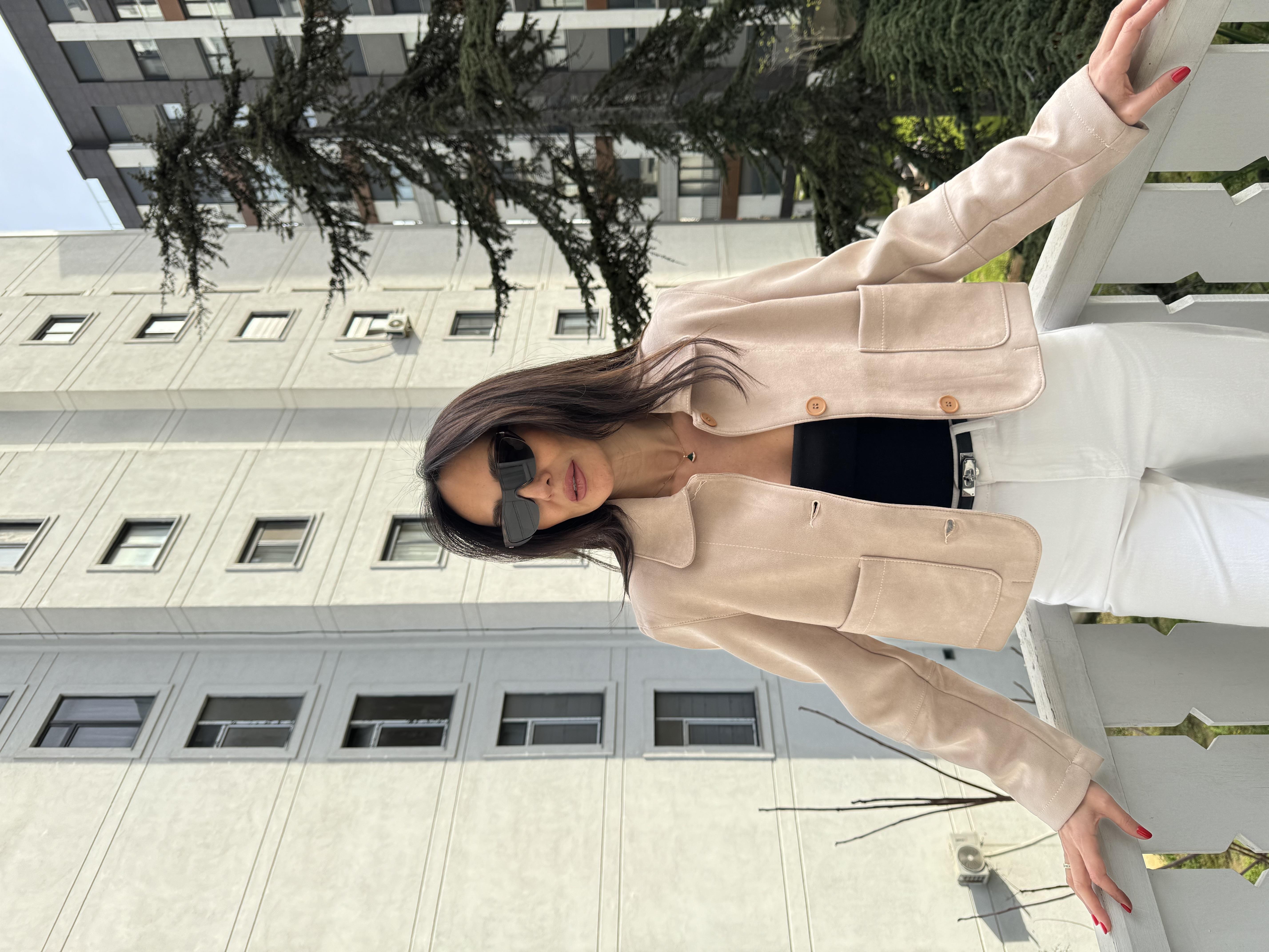 Bej Scuba Süet Cepli Ceket