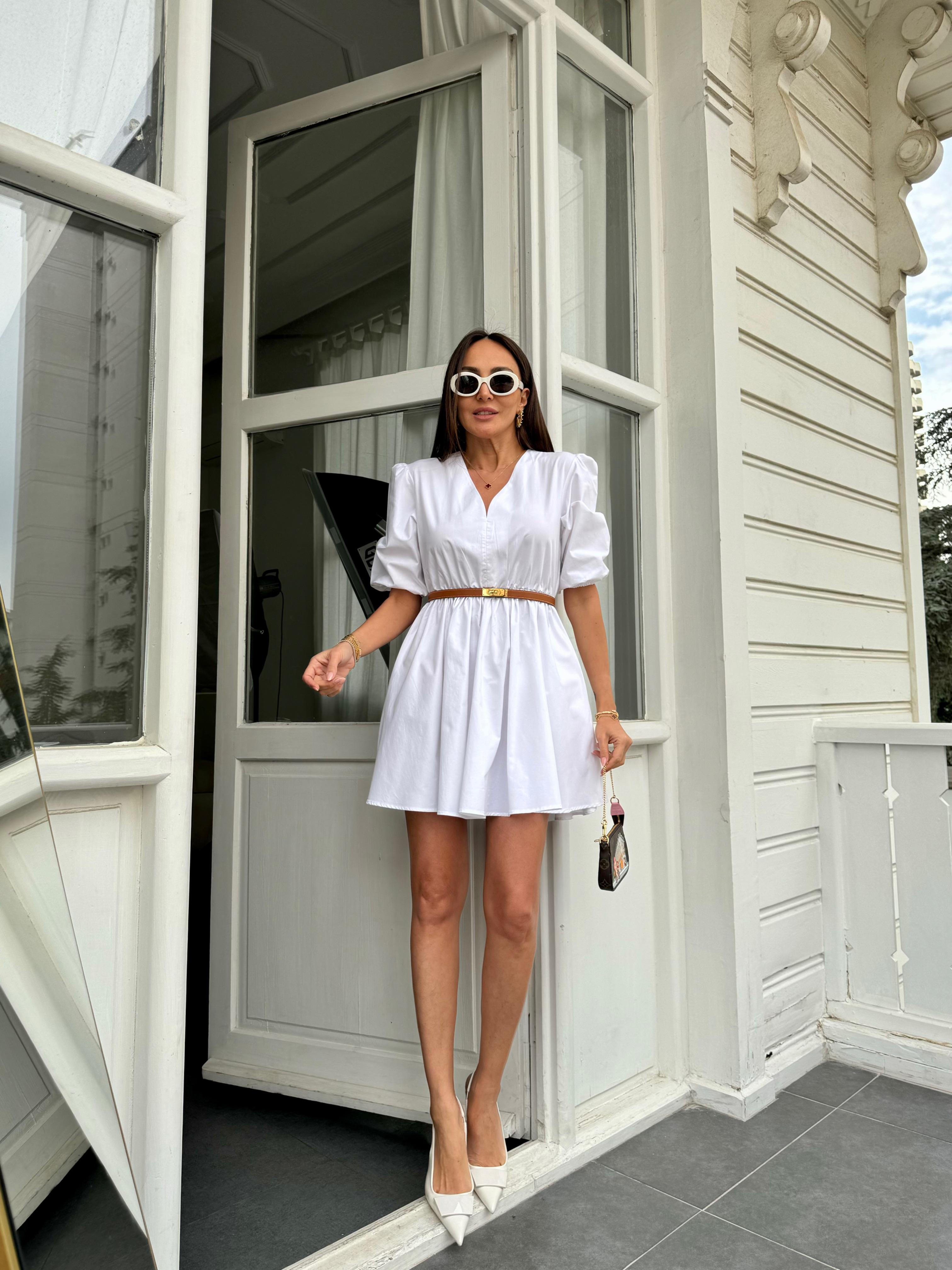 Beyaz Balon Kol Mini Elbise