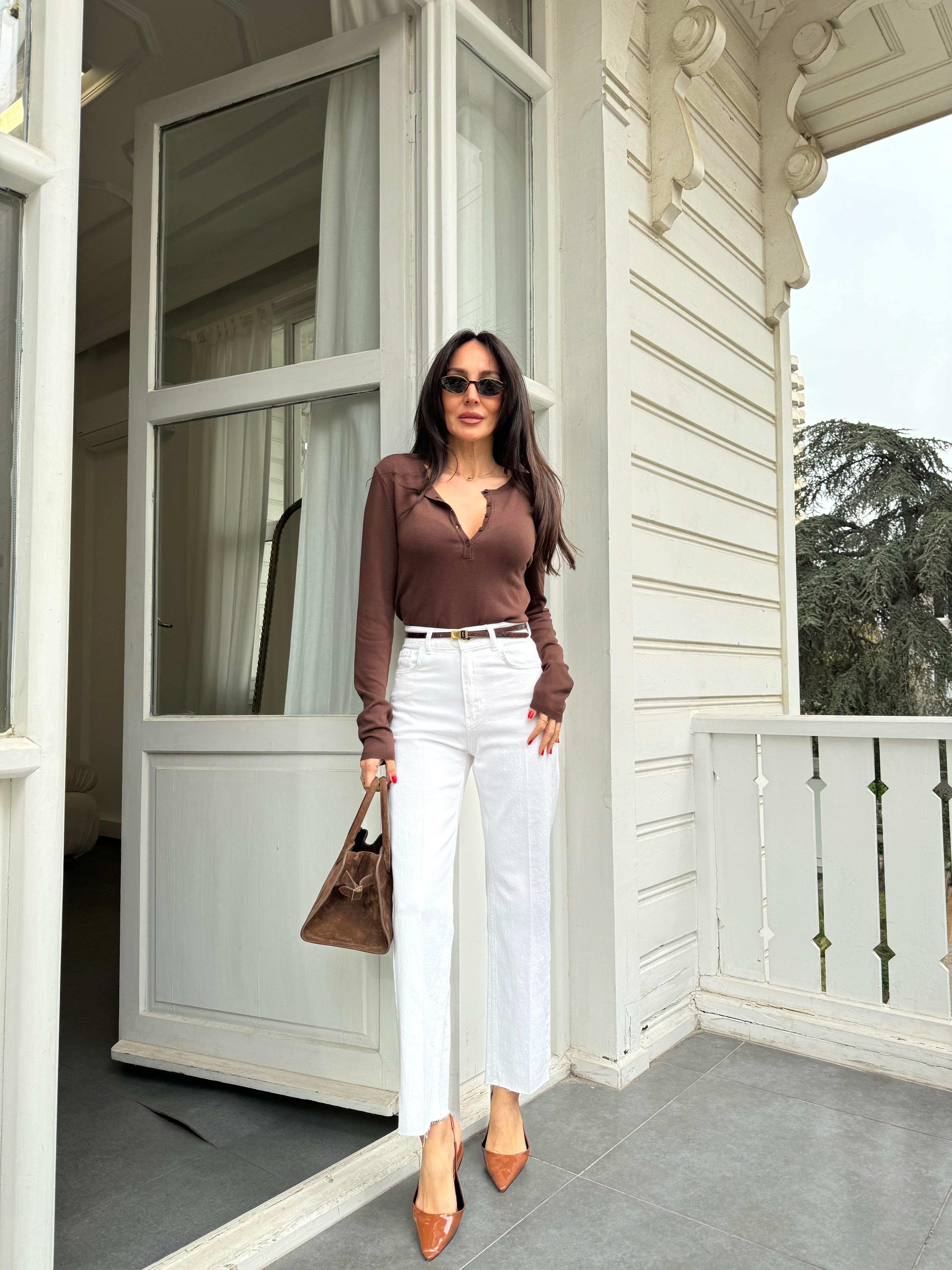 Beyaz Çizgi Ütü Straight Jean Pantolon