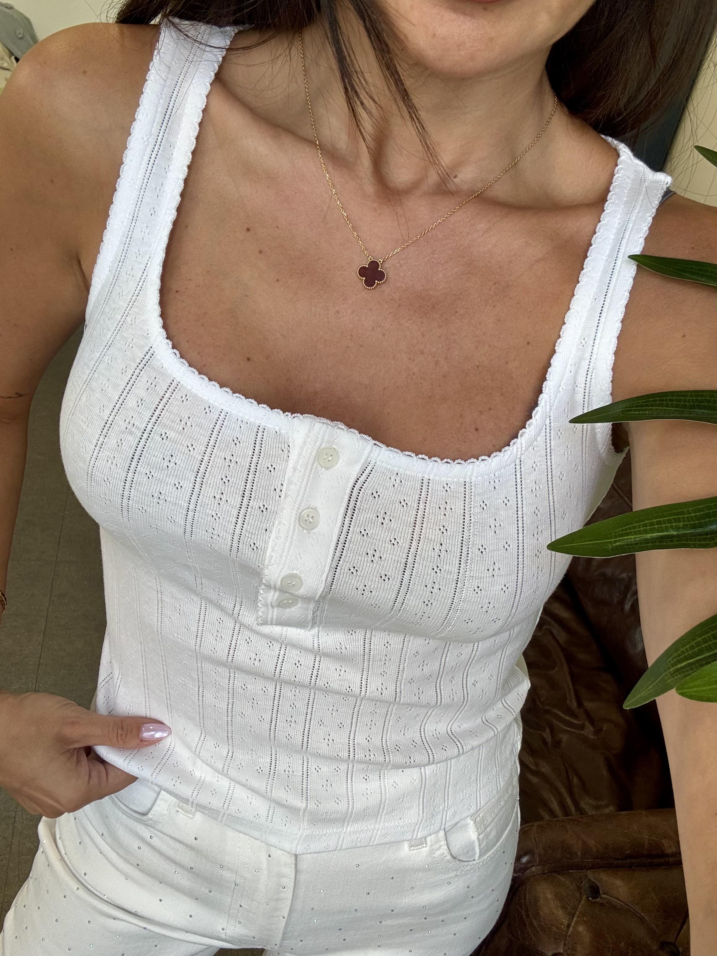 Beyaz Düğmeli Kare Yaka Bluz