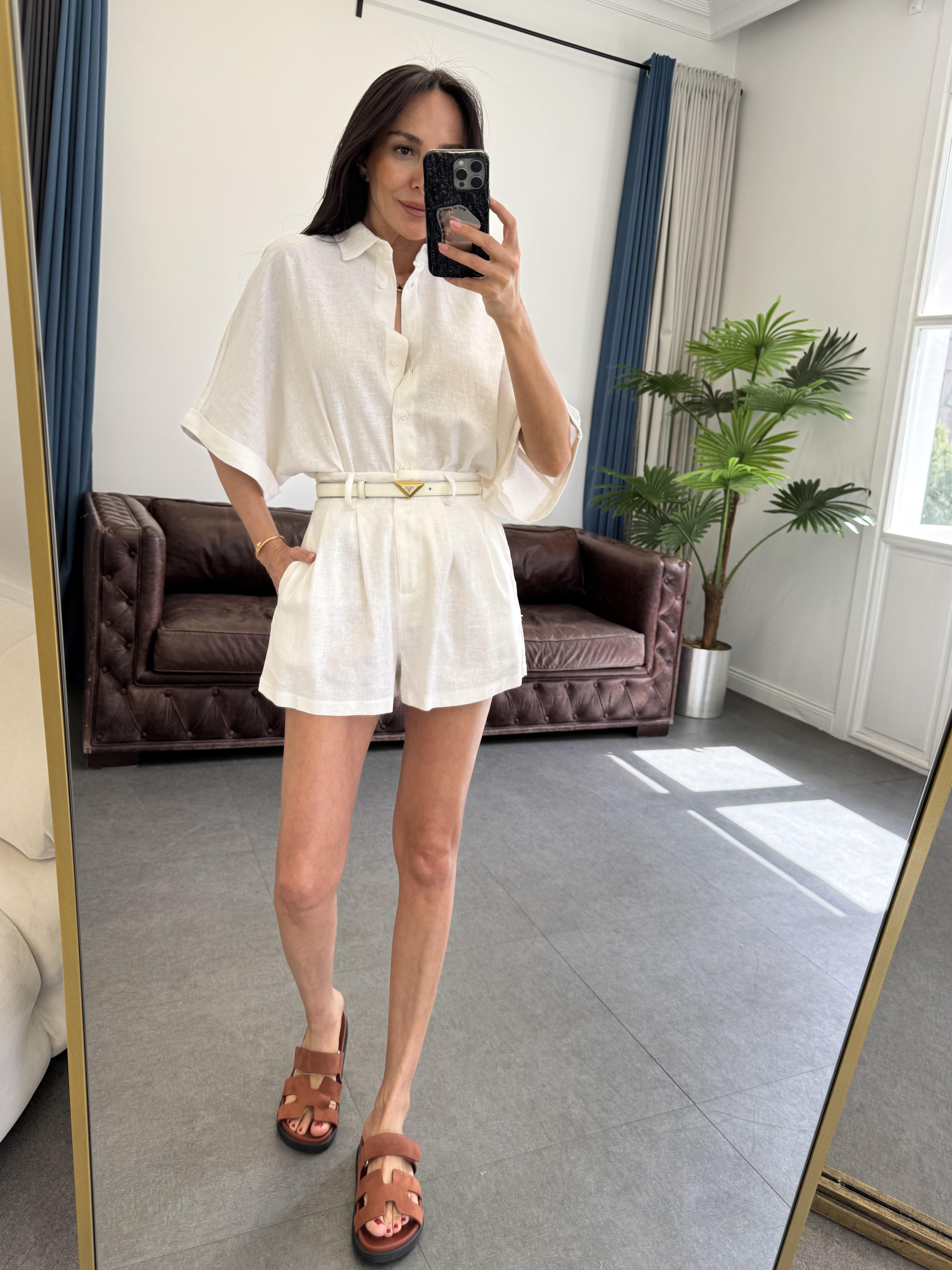 Beyaz Hasır Kemerli Gömlek Şort Takım