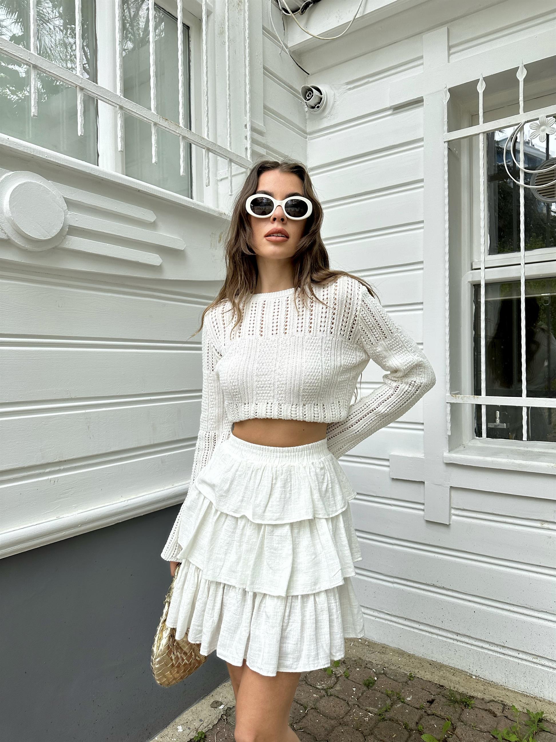 Beyaz Keten Fırfırlı Etek