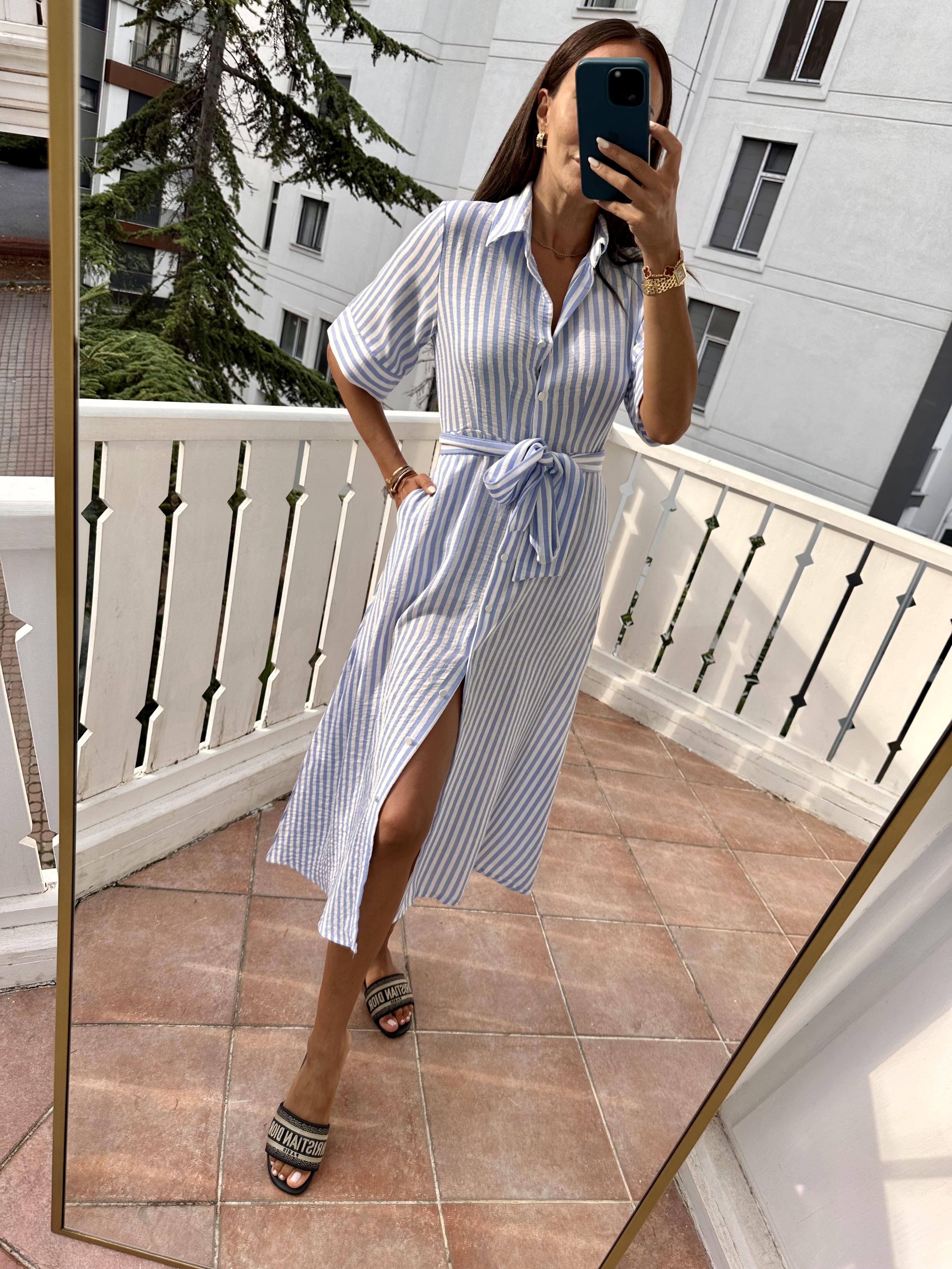 Beyaz-Mavi  Kuşaklı Gömlek Kadın Elbise