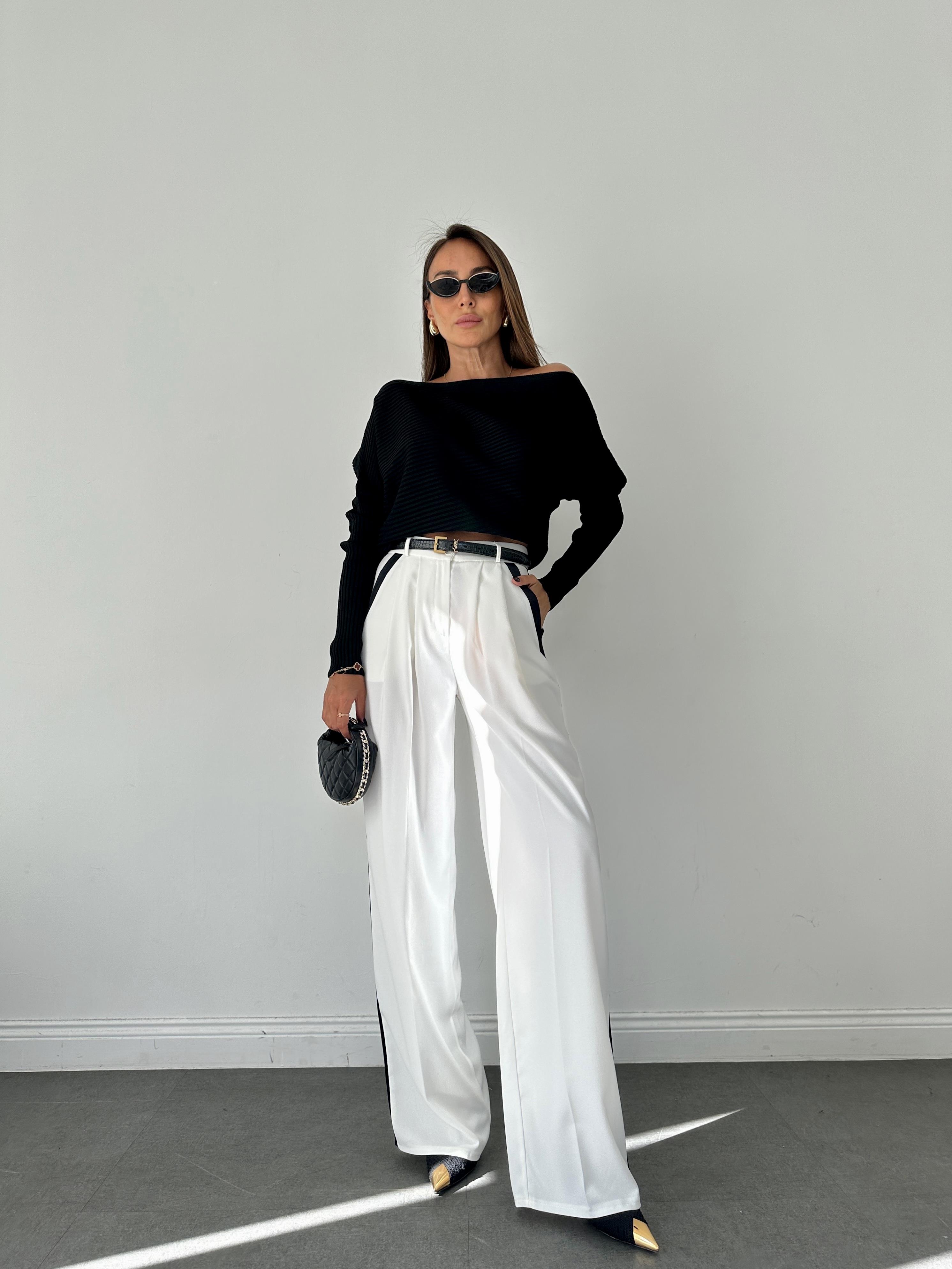 Beyaz Yanları Şerit Detay Palazzo