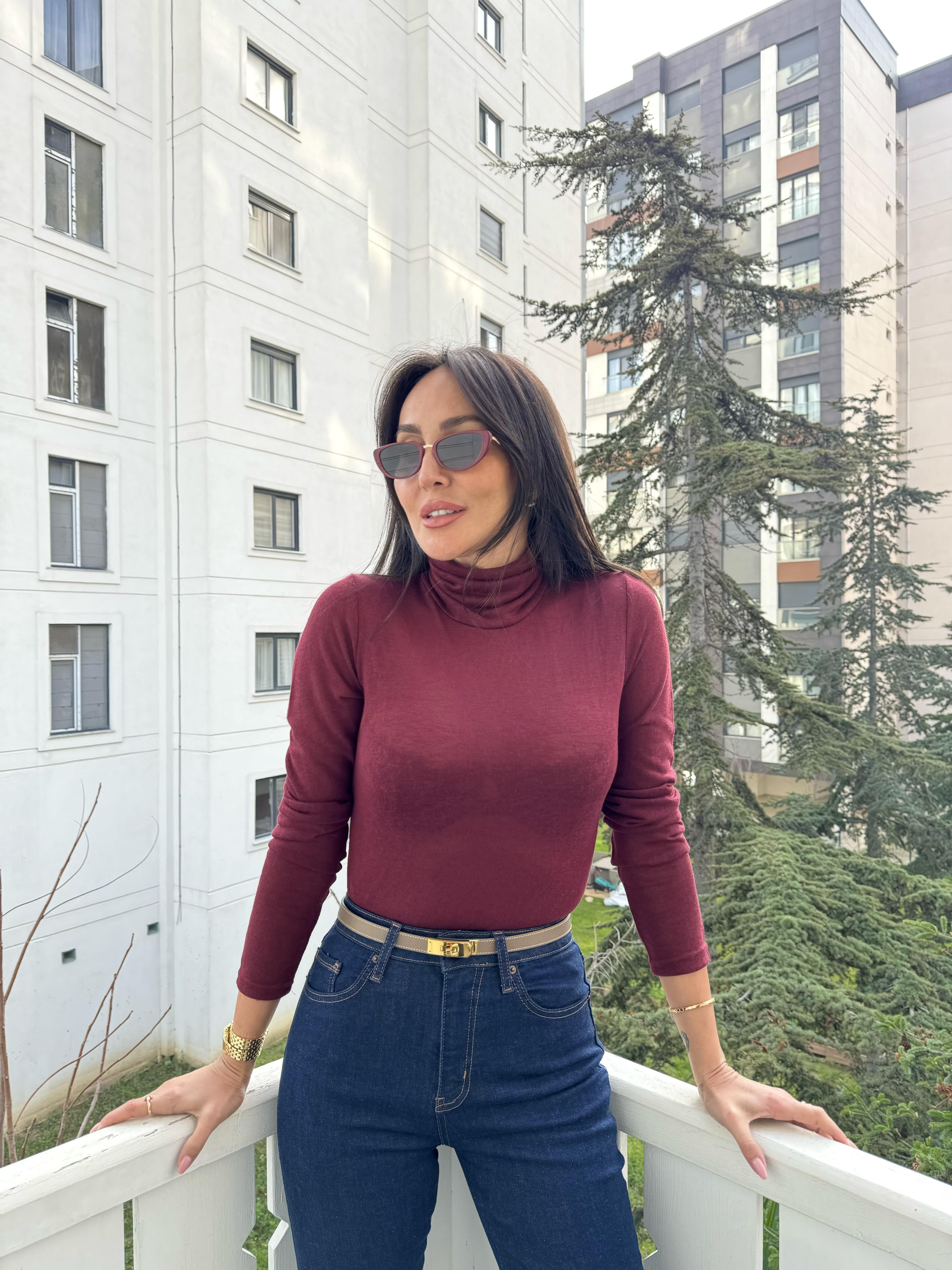 Bordo Balıkçı Yaka İnce Triko